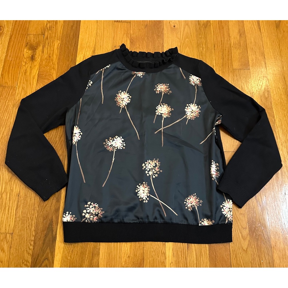Nancy Yang New York Floral Mixed Media Ruffle Neck Sweater Black Large